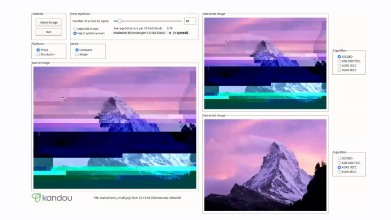 Source image with injected errors, with corrected image comparision between SECDED and Kandou's KGRS 1ECC algorithm